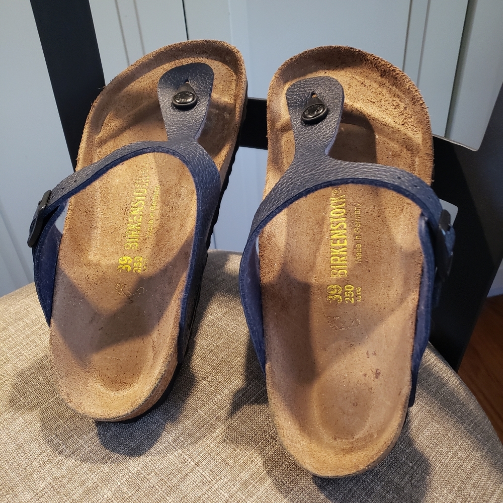 • Birkenstock • Women’s / Womens Gizeh Birko Flor T Strap Sandals Navy Blue 39